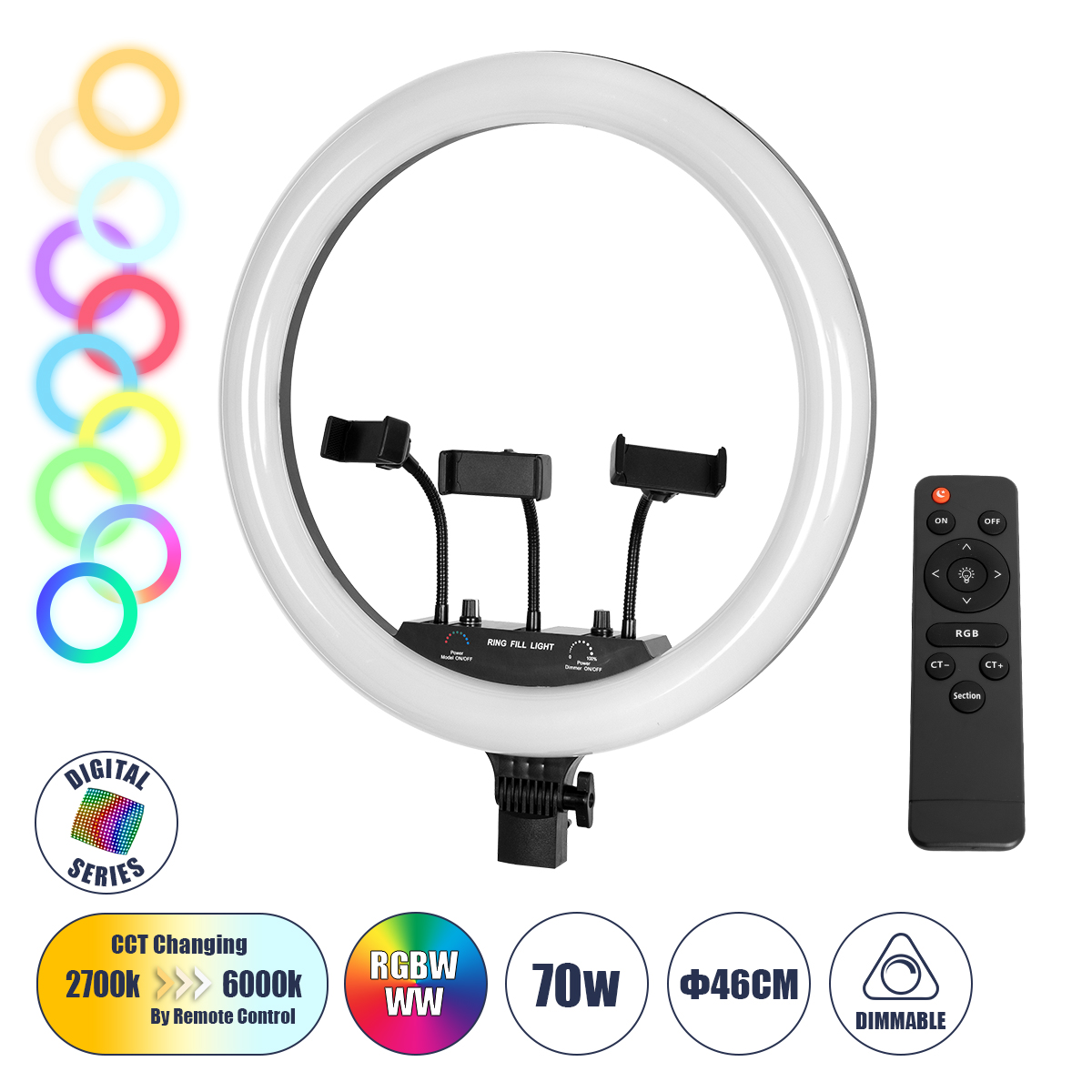 75805 GloboStar®  75805 Professional Digital Ring Light Φ46cm LED SMD 70W 7000lm 180° AC 230V με Καλώδιο Τροφοδοσίας Πρίζας - Ασύρματο Χειριστήριο RF 2.4Ghz Εναλλαγής Χρωμάτων & 3 Βάσεις Τηλεφώνου - Πολύχρωμο RGBW+WW Dimmable