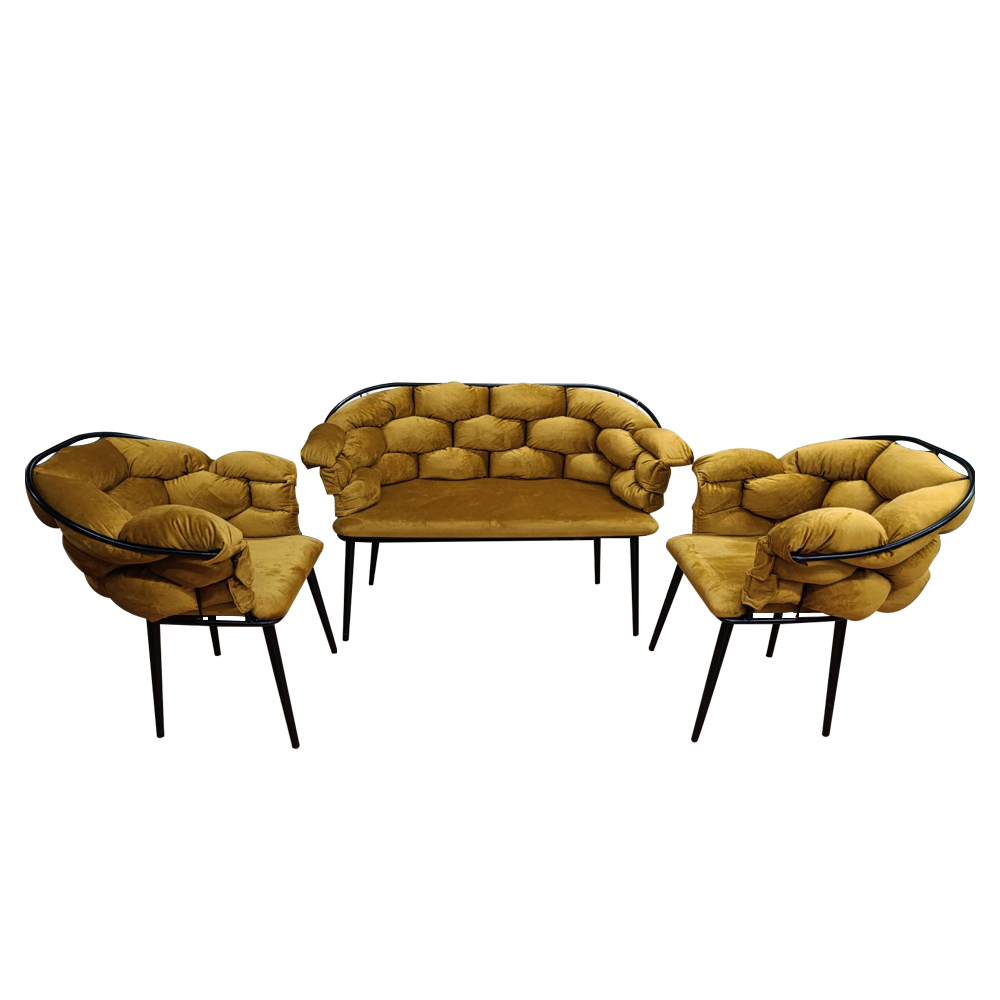 Artekko Balon Βελούδινο Σετ Σαλονιού σε Ώχρα Διθέσιος Καναπές (135x60x80)cm 2pcs Πολυθρόνες (75x60x80)cm με Μαύρο Μεταλλικό Σκελετό Artekko 783-0142