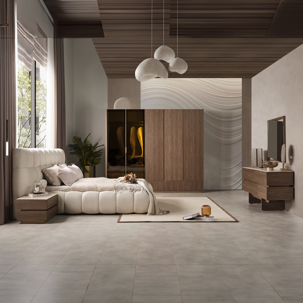 Artekko Midnight Εκρού Υφασμάτινο Διπλό Κρεβάτι (260x230x125)cm για Στρώμα(180x200) MDF 2pcs Κομοδίνα (65x48x40)cm Ντουλάπα με Καθρέπτη και Φωτισμό (270x63x230)cm Συρταριέρα (160x48x78)cm και Καθρέπτη (90x90x5)cm Artekko 783-6408