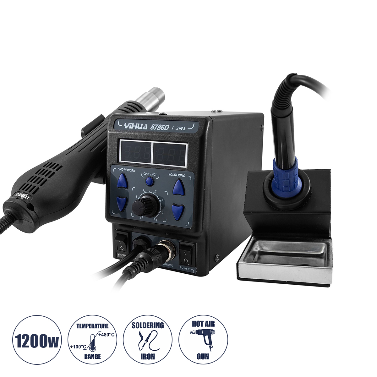 79972 GloboStar® GLOBOSTAR® YIHUA-8786D 79972 Ψηφιακός Σταθμός Συγκόλλησης Θερμού Αέρα με Ψηφιακή Οθόνη & Κολλητήρι 1200W AC 220-240V IP20 - Μ15 x Π23.5 x Υ14cm - 2 Χρόνια Εγγύηση