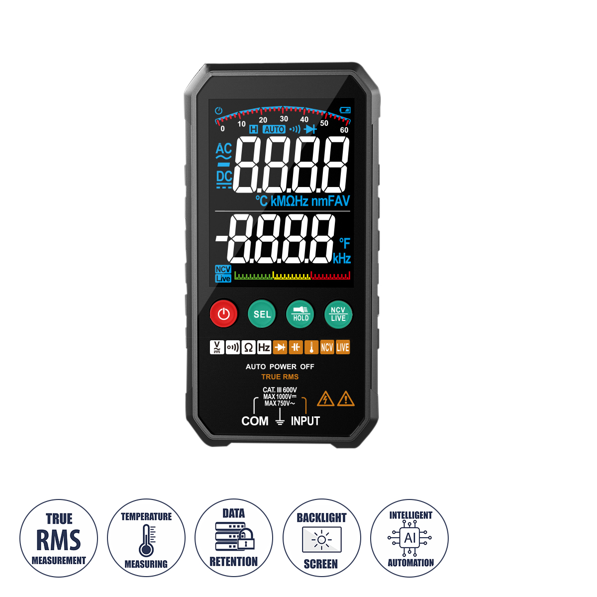 79976 GloboStar® GLOBOSTAR® DIGIMETRIC 79976 Ψηφιακό ΠολύμετροTrue RMS AI με Μετρητή Τάσης Volt AC & DC, Θερμοκρασίας, Ampere, Καπασιτόμετρο, Ohm & Οπίσθιος Φακός - CATIII 600V Max 1000VDC/750VAC - Μ14.2 x Π7 x Υ2cm - 2 Χρόνια Εγγύηση