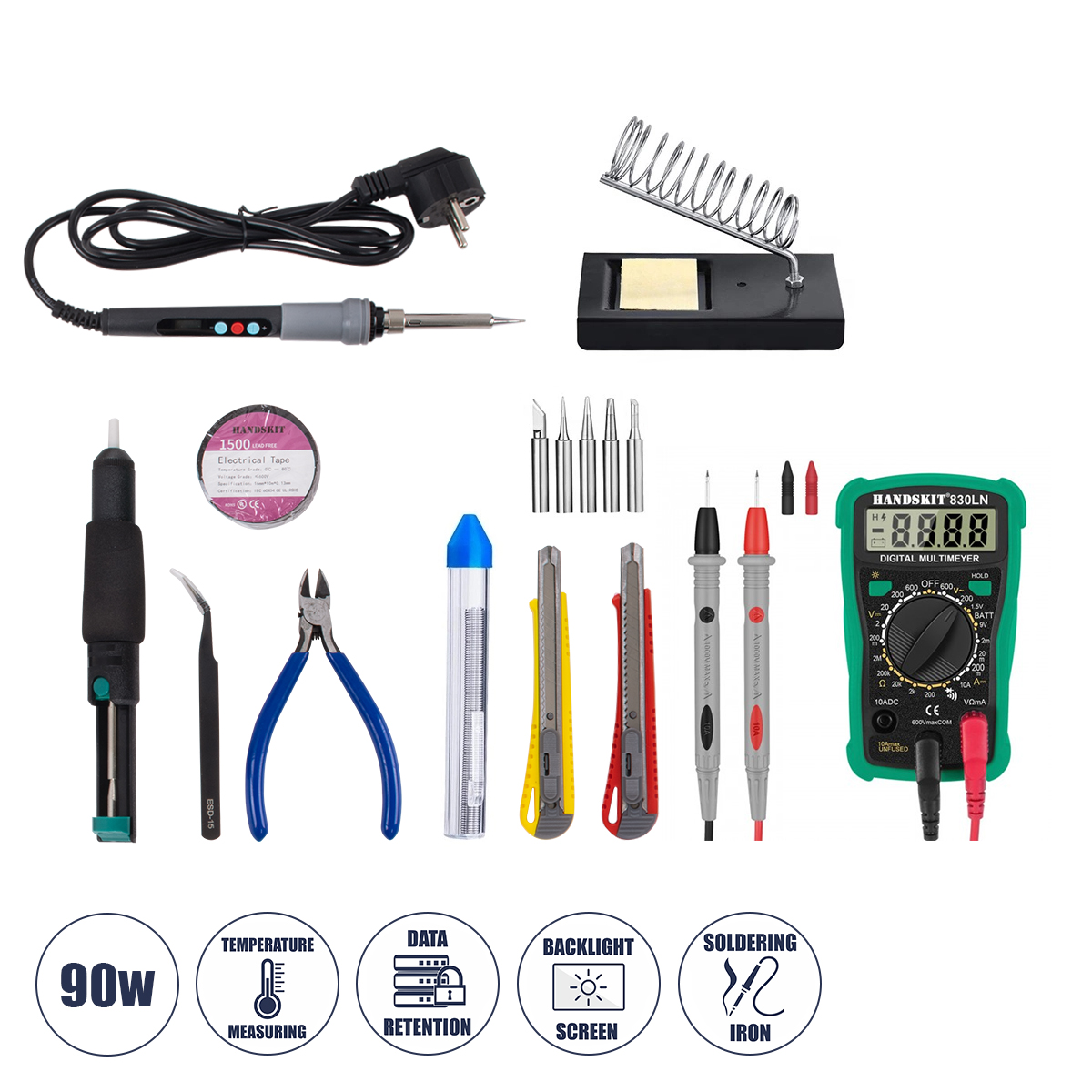 79978 GloboStar® GLOBOSTAR® ELEKIT 79978 Ολοκληρωμένο DIY ΚΙΤ Εργαλείων Ηλεκτρονικού - Κολλητήρι & Βάση, Απορροφητική Τρόμπα Κόλλησης, Πλαγιοκόφτης, Τσιμπιδάκι Tweezer, Πενσέτα, Καλάι Κόλλησης, Κοπίδια, Φαλτσέτες & Ψηφιακό Πολύμετρο - Μ26 x Π18 x Υ5.5cm