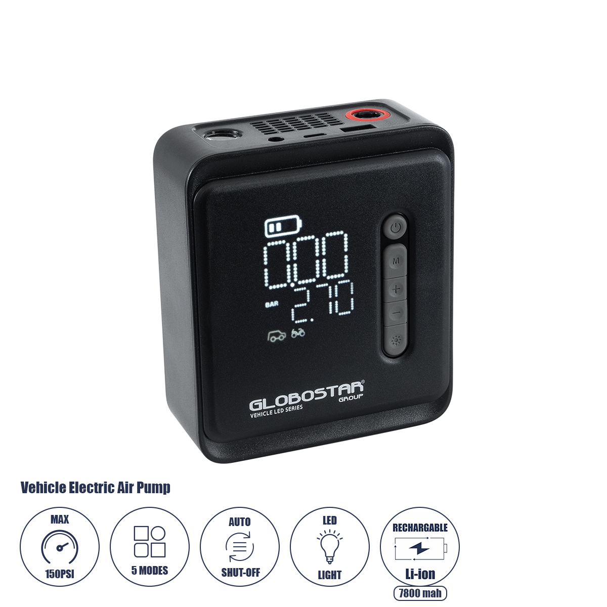 81490 GloboStar® 81490 Φορητή Επαναφορτιζόμενη Ψηφιακή Τρόμπα – Κομπρέσορας Αέρος Αυτοκινήτου & Μοτοσυκλέτας – με Οθόνη LCD & Ενσωματωμένη Επαναφορτιζόμενη Μπαταρία Λιθίου 7800 mAh – Πίεση Αέρος Max 150 PSI – 5 Προγράμματα – Φακό LED – Power Bank με έξοδ 81490 GloboStar® 81490 Φορητή Επαναφορτιζόμενη Ψηφιακή Τρόμπα – Κομπρέσορας Αέρος Αυτοκινήτου & Μοτοσυκλέτας – με Οθόνη LCD & Ενσωματωμένη Επαναφορτιζόμενη Μπαταρία Λιθίου 7800 mAh – Πίεση Αέρος Max 150 PSI – 5 Προγράμματα – Φακό LED – Power Bank με έξοδ