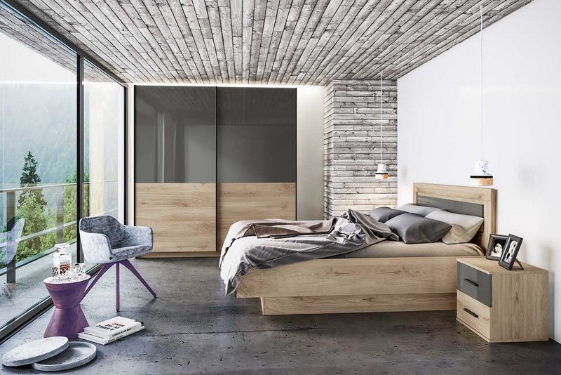 Artekko Jaom Κρεβάτι 160x200 με 2 Κομοδίνα και Ντουλάπα Σετ/4  Σημύδα-Γκρί  (165x206x96)cm Artekko 850-0028