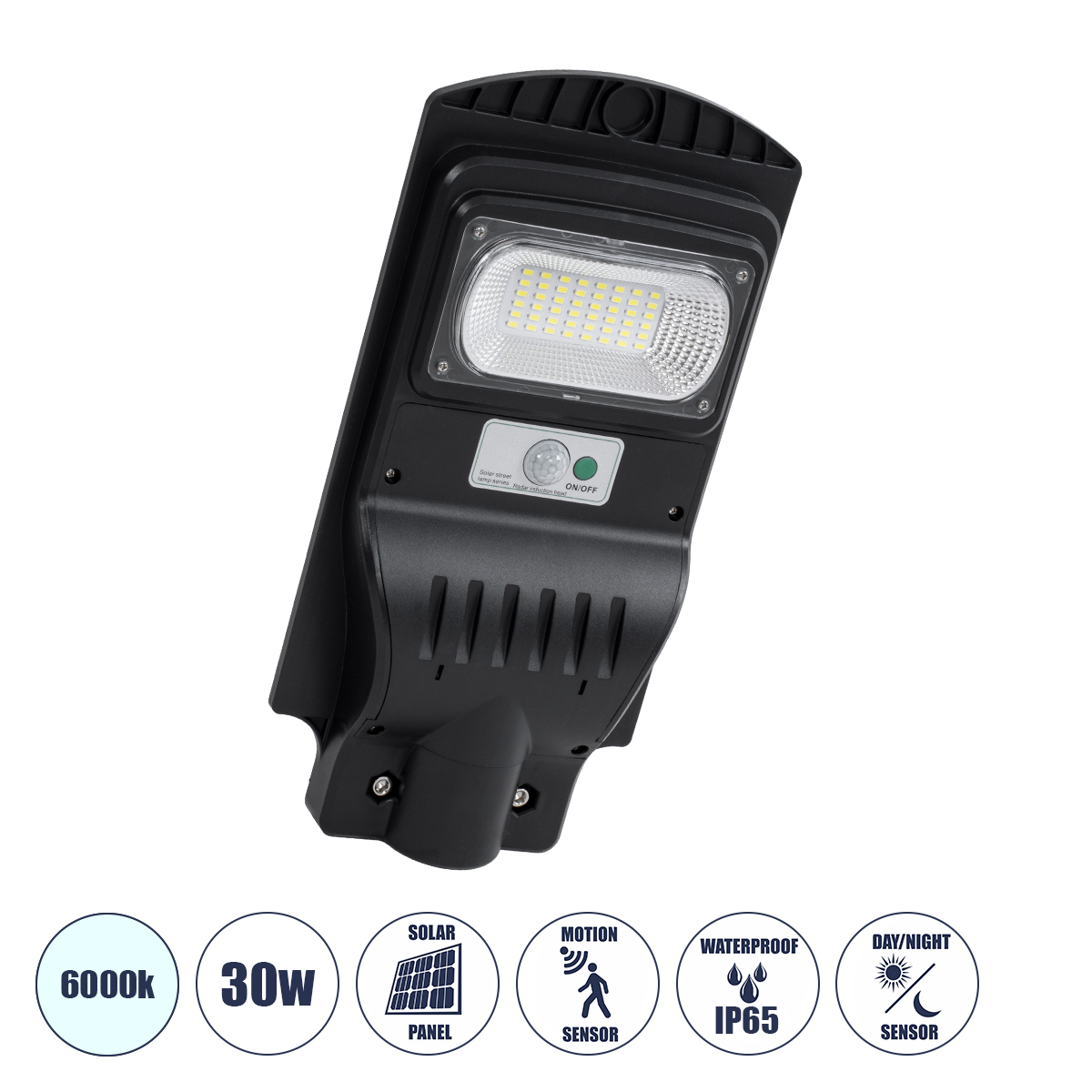 85341 GloboStar® GLOBOSTAR® STREETB 85341 Φωτιστικό Δρόμου LED 30W 1500lm 120° DC 5V με Ενσωματωμένο Φωτοβολταϊκό Panel 6V 6W & Επαναφορτιζόμενη Μπαταρία Li-ion 3.2V 5000mAh με Αισθητήρα Κίνησης-Ημέρας-Νύχτας Αδιάβροχο IP65 Ψυχρό Λευκό 6000K - Μαύρο - Μ20