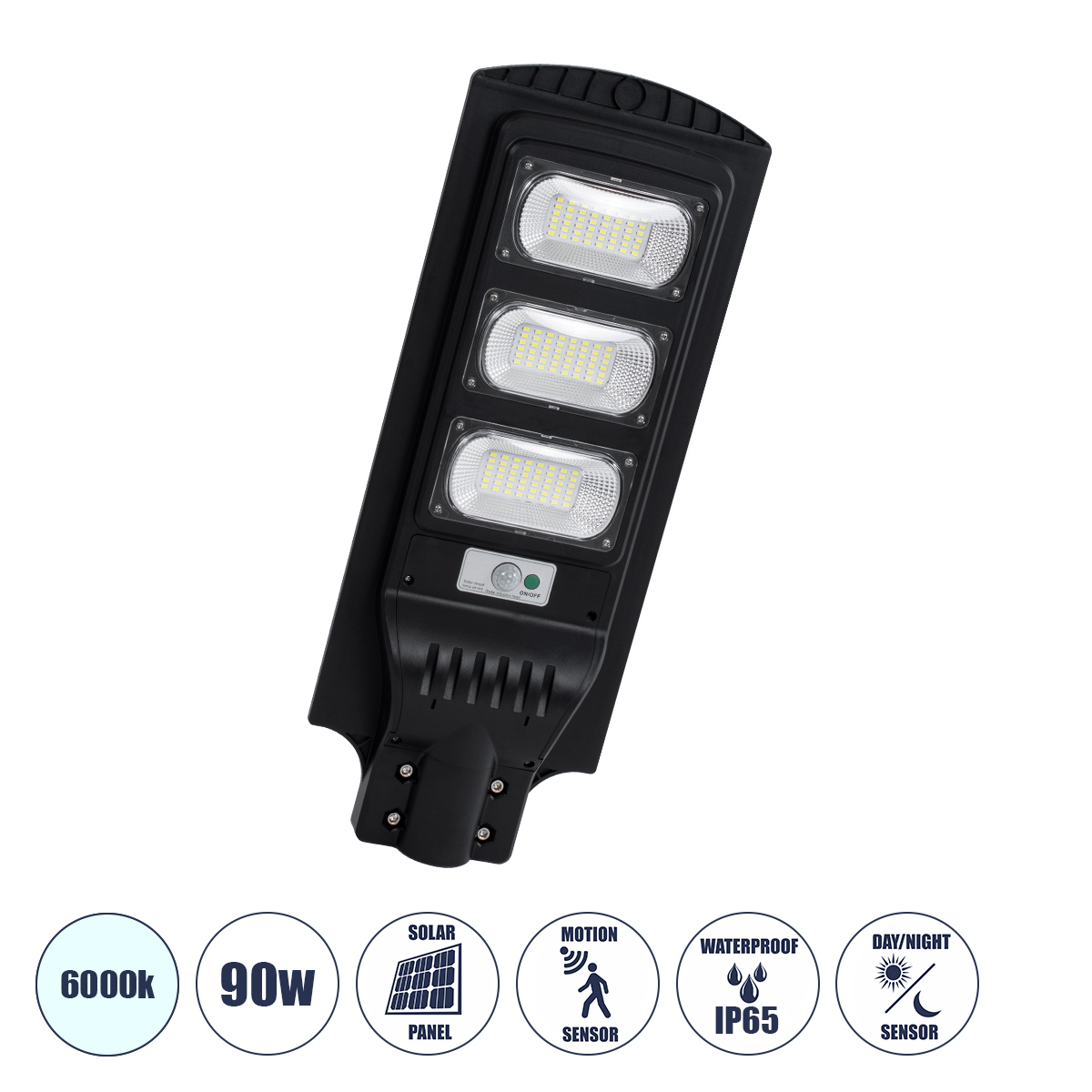 85343 GloboStar® GLOBOSTAR® STREETB 85343 Φωτιστικό Δρόμου LED 90W 4500lm 120° DC 5V με Ενσωματωμένο Φωτοβολταϊκό Panel 6V 12W & Επαναφορτιζόμενη Μπαταρία Li-ion 3.2V 12000mAh με Αισθητήρα Κίνησης-Ημέρας-Νύχτας Αδιάβροχο IP65 Ψυχρό Λευκό 6000K - Μαύρο - Μ