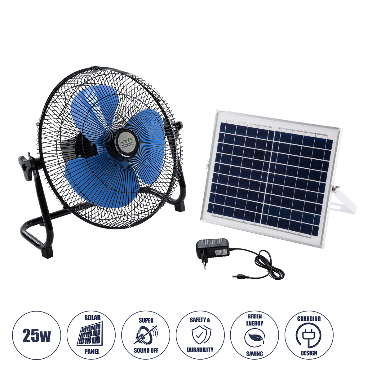 85351 GloboStar®  SOLARO-FAN 85351 Solar Fan Αυτόνομος Ηλιακός Επιδαπέδιος Ανεμιστήρας 25W 2 Λειτουργιών Ρεύματος με AC 220-240V ή με Φωτοβολταϊκό Panel 9V 12W & Επαναφορτιζόμενη Μπαταρία Li-ion 7.4V 4400mAh - 12 Ταχύτητες - Ενσωματωμένο USB 2.0 Charger Σ