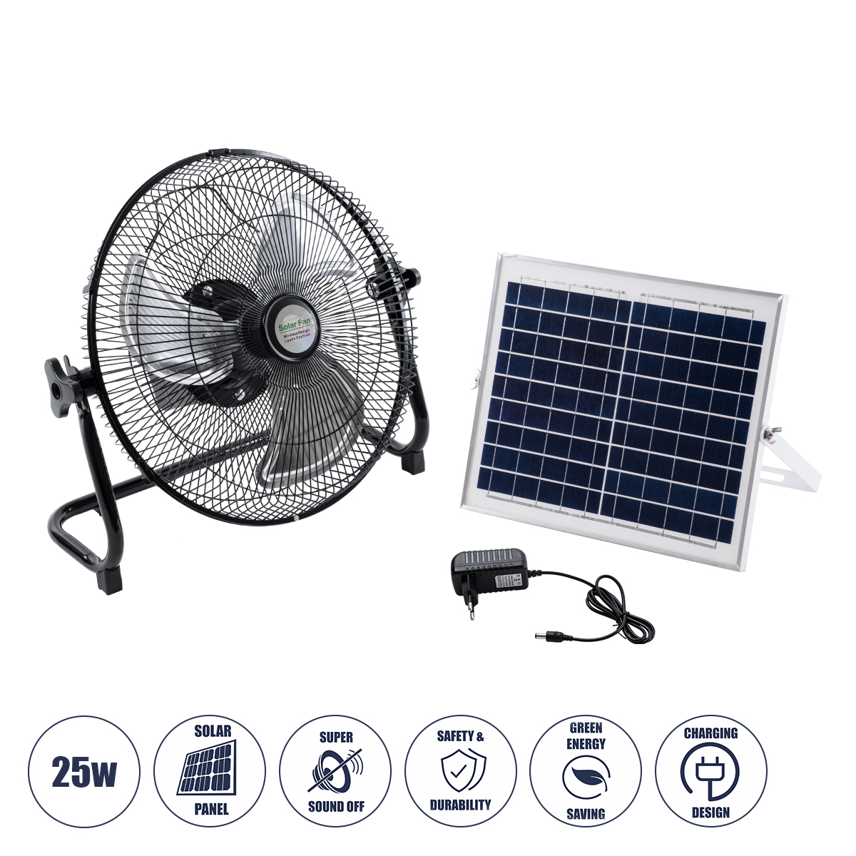 85352 GloboStar®  SOLARO-FAN 85352 Solar Fan Αυτόνομος Ηλιακός Επιδαπέδιος Ανεμιστήρας 25W 2 Λειτουργιών Ρεύματος με AC 220-240V ή με Φωτοβολταϊκό Panel 9V 12W & Επαναφορτιζόμενη Μπαταρία Li-ion 7.4V 4400mAh - 12 Ταχύτητες - Ενσωματωμένο USB 2.0 Charger Σ