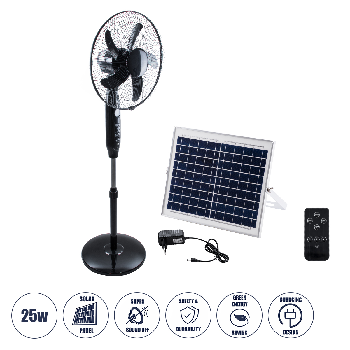 85358 GloboStar®  SOLARE-FAN 85358 Solar Fan Αυτόνομος Ηλιακός Επιδαπέδιος Ανεμιστήρας 25W 2 Λειτουργιών Ρεύματος με AC 220-240V ή με Φωτοβολταϊκό Panel 9V 15W & Επαναφορτιζόμενη Μπαταρία Li-ion 7.4V 6000mAh - 12 Ταχύτητες - Ασύρματο Χειριστήριο - Ενσωματ