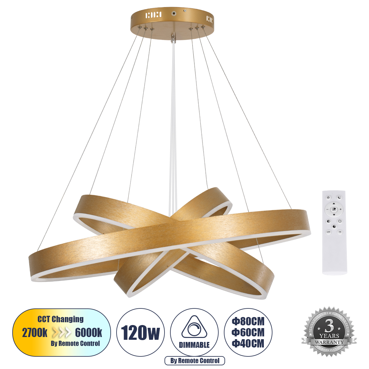 61190-DECO GloboStar® VENOM TRIO 61190-DECO Κρεμαστό Φωτιστικό Δαχτυλίδι-Κύκλος LED CCT 120W 14158lm 120° AC 220-240V – Εναλλαγή Φωτισμού μέσω Τηλεχειριστηρίου All In One Ψυχρό 6000K+Φυσικό 4500K+Θερμό 2700K Dimmable Φ40+60+80cm – Χρυσό Βούρτσας – 3 Year 61190-DECO GloboStar® VENOM TRIO 61190-DECO Κρεμαστό Φωτιστικό Δαχτυλίδι-Κύκλος LED CCT 120W 14158lm 120° AC 220-240V – Εναλλαγή Φωτισμού μέσω Τηλεχειριστηρίου All In One Ψυχρό 6000K+Φυσικό 4500K+Θερμό 2700K Dimmable Φ40+60+80cm – Χρυσό Βούρτσας – 3 Year