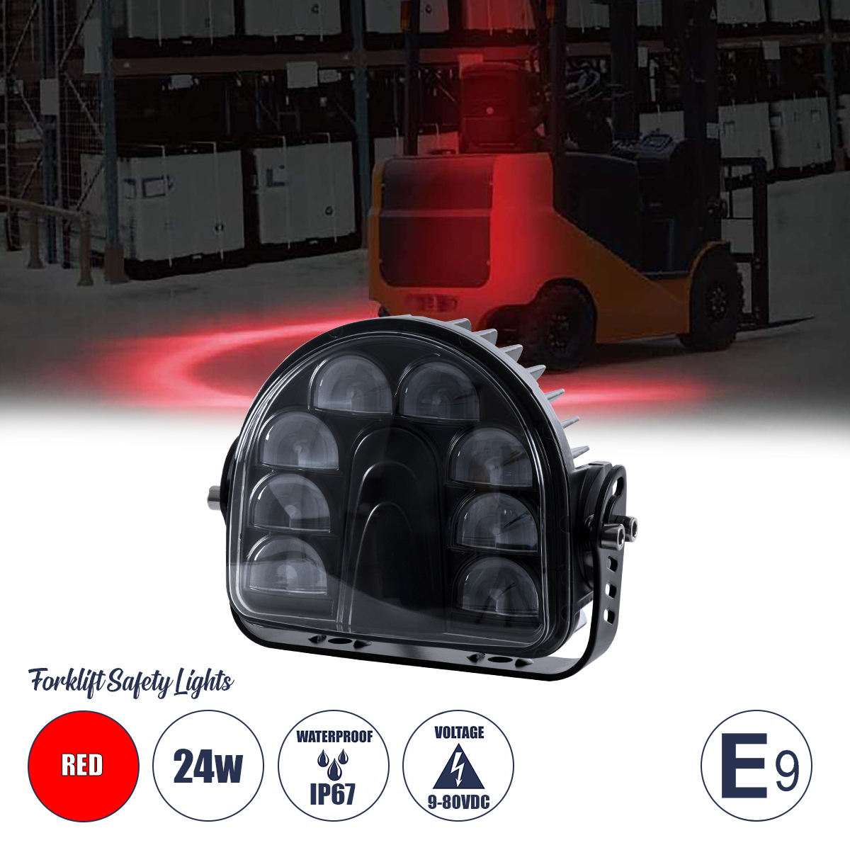 85423 GloboStar®  85423 E9 Mark Forklift Safety Lights - Φώτα Προειδοποίησης & Διαγράμμισης Ασφαλείας για Περονοφόρα - Κλάρκ LED 24W DC 9-80V Αδιάβροχο IP67 Κόκκινο Μ14 x Π14.5 x Υ6cm