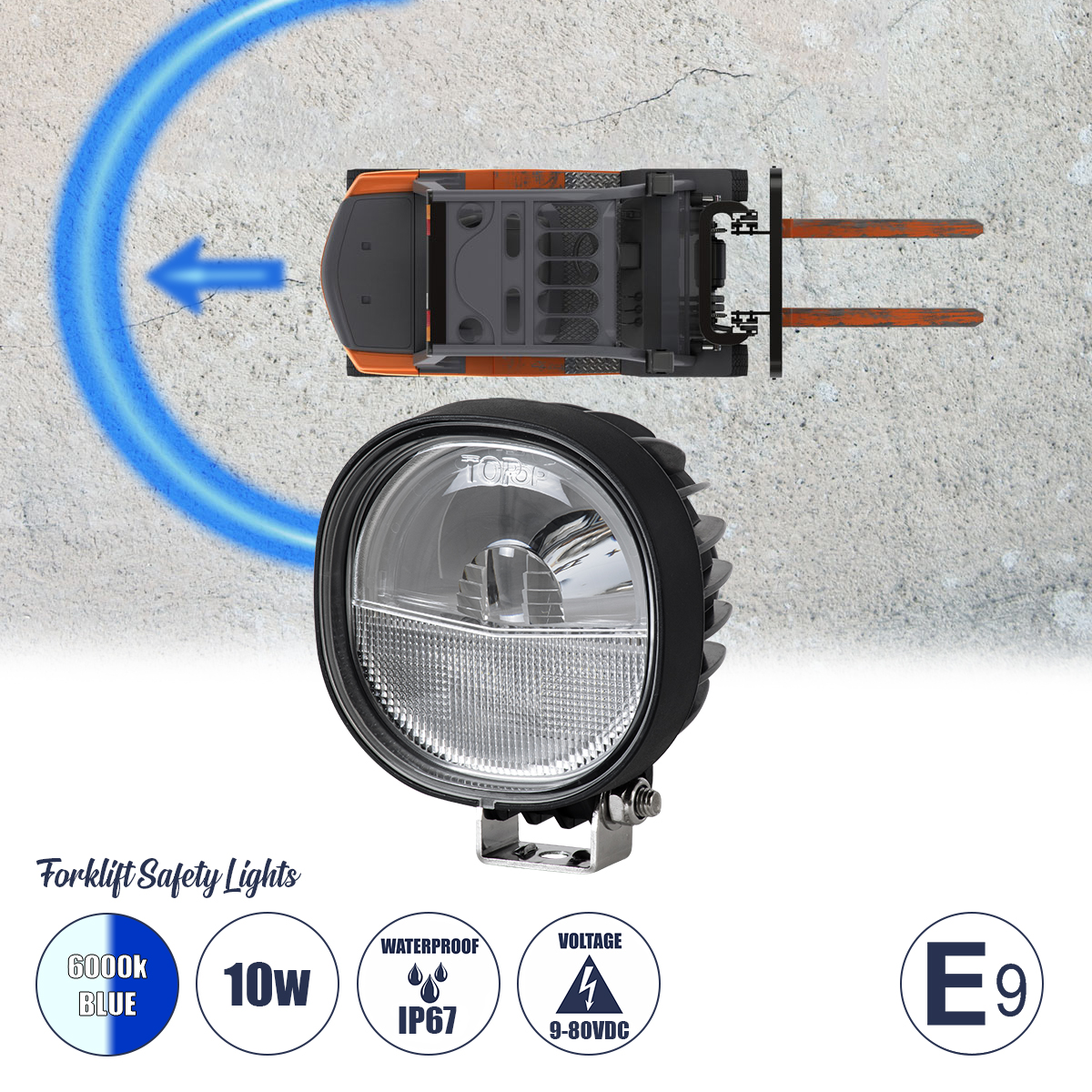 85429 GloboStar®  85429 E9 Mark Forklift Safety Lights - Φώτα Προειδοποίησης & Διαγράμμισης Ασφαλείας για Περονοφόρα - Κλάρκ LED 10W DC 9-80V Αδιάβροχο IP67 Μπλε & Ψυχρό Λευκό 6000K Μ12.5 x Π10 x Υ6.5cm