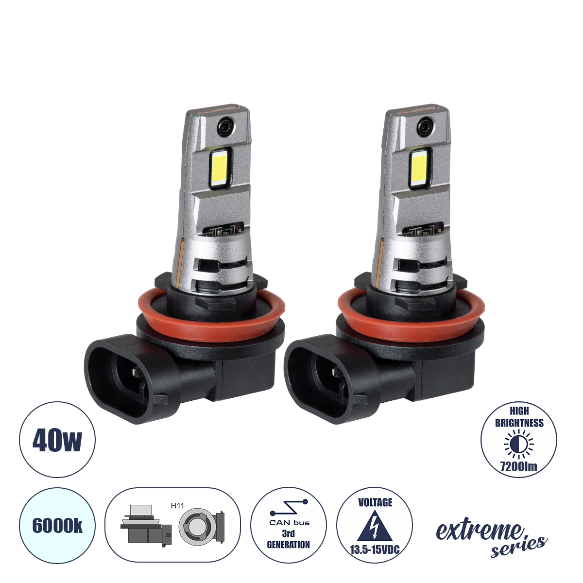 85653 GloboStar®  85653 7S H11 KIT Βασικού Φωτισμού Αυτοκινήτου & Μοτοσυκλέτας 3rd Generation Can-Bus Extreme Series LED 7035 SMD 40W 7200lm DC 13.5-15V Αδιάβροχο IP68 Ψυχρό Λευκό 6000K