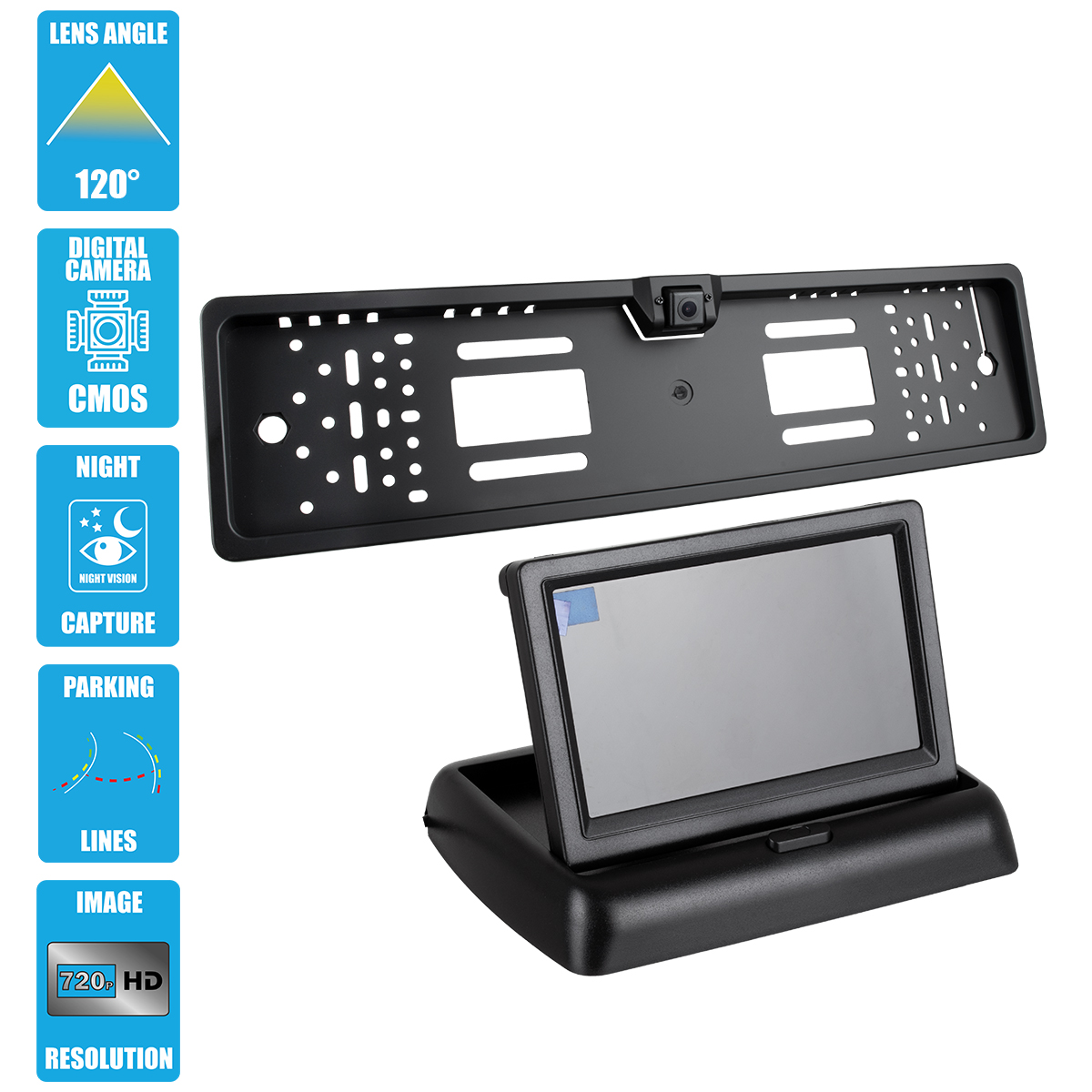 86013 GloboStar®  86013 Πλαίσιο Πινακίδας Αυτοκινήτου με Ενσωματωμένη Αδιάβροχη Κάμερα Οπισθοπορείας 720p HD CMOS Signal 170° DC 12V και Πτυσσόμενη Οθόνη 4.3"