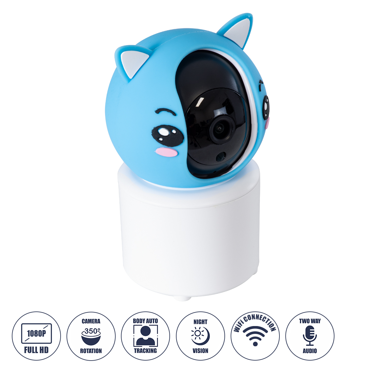 86079 GloboStar®  86079 Επιτραπέζια Κάμερα WiFi HD 1080P 350° Διπλή Κατέυθυνση Ομιλίας & Ανιχνευτή Κίνησης - Απομακρυσμένος Έλεγχος Body Auto Tracking IP20 - Γαλάζιο Λευκό - Φ8 x Υ13cm - 2 Χρόνια Εγγύηση