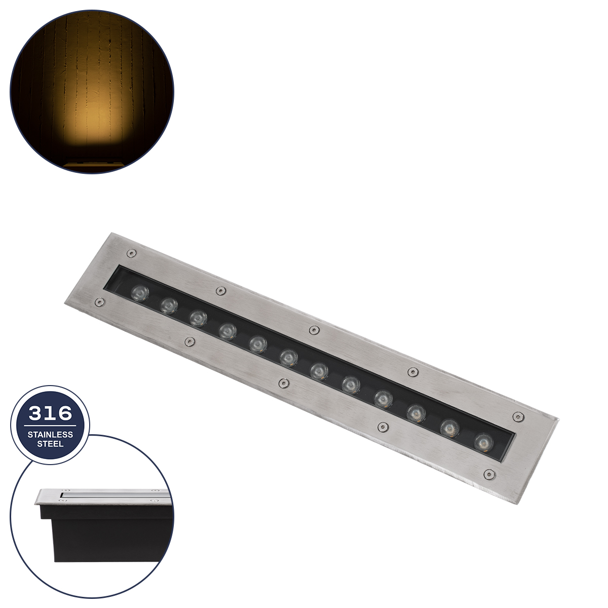 90192 GloboStar® GLOBOSTAR® UNDERGROUND-REMVI 90192 Χωνευτή Μπάρα Φωτισμού Wall Washer LED 12W 1080lm 10° DC 24V Αδιάβροχο IP68 Θερμό Λευκό 2700K Dimmable – Ανοξείδωτο Ατσάλι 304 – Μ50 x Π7.4 x Υ7cm / Q48.5 x 7.5cm – 3 Χρόνια Εγγύηση