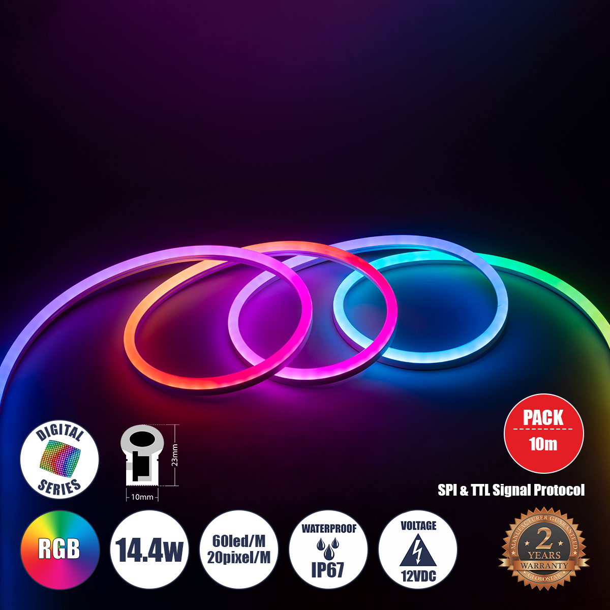 90755 GloboStar® GLOBOSTAR® NEONIO-C 90755 Ψηφιακή Pixel Addressable Ταινία Neon Flex LED 14.4W/m 864lm/m 180° DC 12V Αδιάβροχο IP65 60 x SMD5050 Chip/m 20 x Pixel/m Πολύχρωμο RGB Dimmable SPI/TTL Protocol IC SM16703P/WS2811/WS2812 - Μ1000 x Π1 x Υ2.3cm -