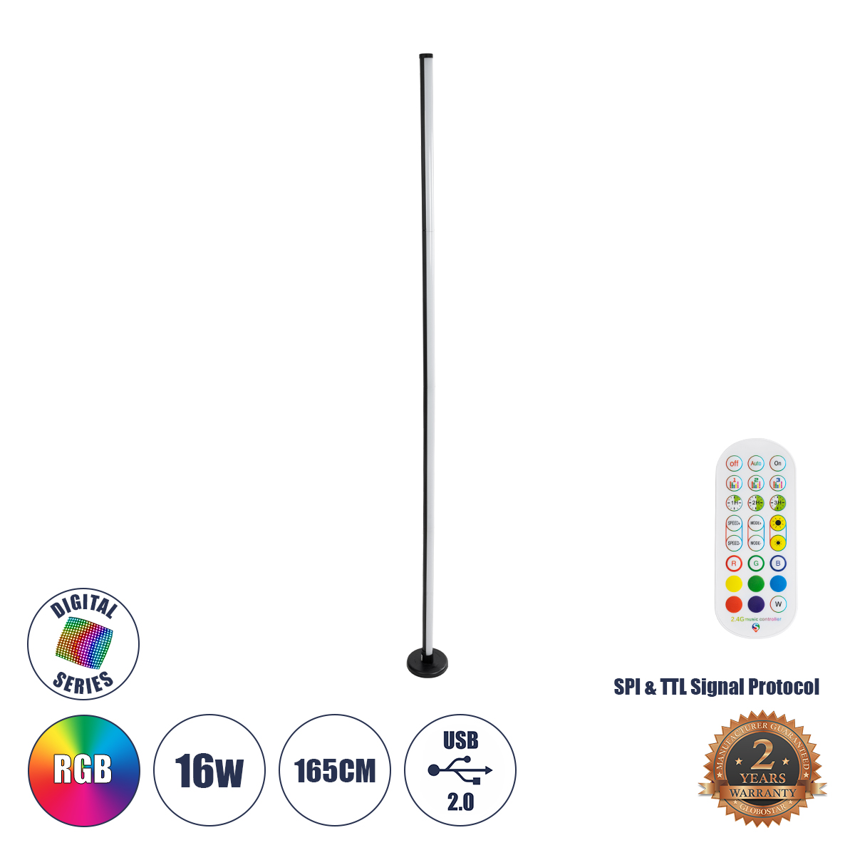 90764 GloboStar® GLOBOSTAR® DIGICOLUMN 90764 Μοντέρνο Επιδαπέδιο Γραμμικό Ψηφιακό Φωτιστικό Digital Pixel Symphony Bar με RF Ασύρματο Χειριστήριο LED 16W 1280lm 180° DC 5V με USB 2.0 IP20 Πολύχρωμο RGB Dimmable - Μαύρο - Φ3 x Υ165cm - 2 Χρόνια Εγγύηση