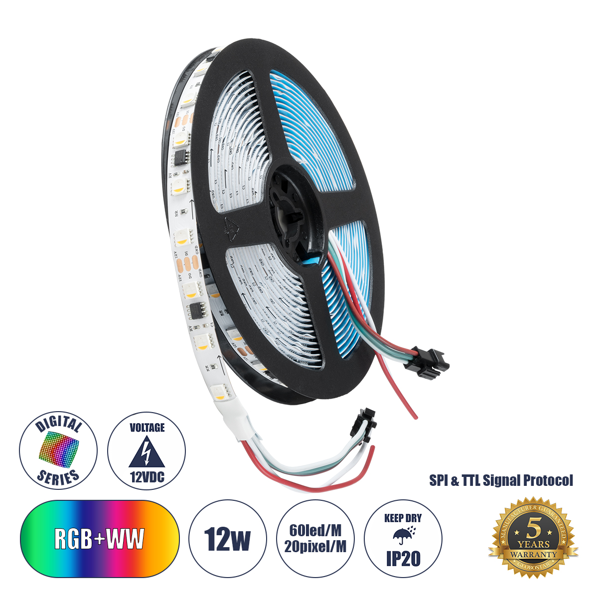 90773 GloboStar® GLOBOSTAR® DIGIPRO 90773 Ψηφιακή Pixel Addressable Ταινία LED 12W/m 1080lm/m 120° DC 12V IP20 60 x SMD5050 Chip/m 20 x Pixel/m Πολύχρωμο RGB+WW Dimmable SPI/TTL Protocol IC TM1814/UCS1912/UCS2912 - Sanan SMD Chip - Μ500 x Π1 x Υ0.2cm - Ρο