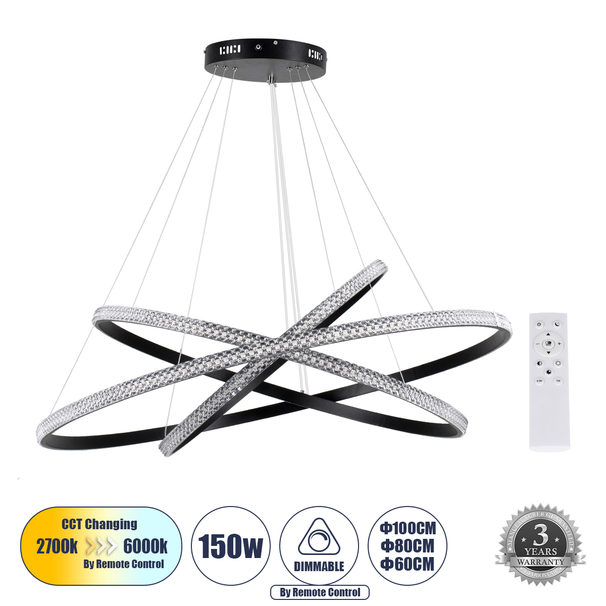 61140-DECO GloboStar® DIAMOND TRIO 61140-DECO Κρεμαστό Φωτιστικό Δαχτυλίδι-Κύκλος LED CCT 150W 18379lm 360° AC 220-240V – Εναλλαγή Φωτισμού μέσω Τηλεχειριστηρίου All In One Ψυχρό 6000k+Φυσικό 4500k+Θερμό 2700k Dimmable Φ60+80+100cm – Μαύρο – 3 Years Warr 61140-DECO GloboStar® DIAMOND TRIO 61140-DECO Κρεμαστό Φωτιστικό Δαχτυλίδι-Κύκλος LED CCT 150W 18379lm 360° AC 220-240V – Εναλλαγή Φωτισμού μέσω Τηλεχειριστηρίου All In One Ψυχρό 6000k+Φυσικό 4500k+Θερμό 2700k Dimmable Φ60+80+100cm – Μαύρο – 3 Years Warr