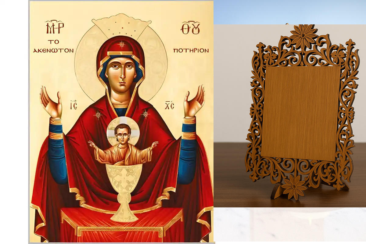 Σετ των 2 Εικόνα Ορθοδοξίας Δαντέλα μαζι με  Βάση σε  8 χρώματα με περίγραμμα χρυσό σε ξύλο Plywood (Πλακάζ)   με  βάση Εικόνα Παναγία Ακένωτον Ποτήριον Χειροποίητη Ελληνορθόδοξη , Κρεμαστή πλάκα βυζαντινής τέχνης, χριστιανική τέχνη Διάσταση 10x7 cm (3,9