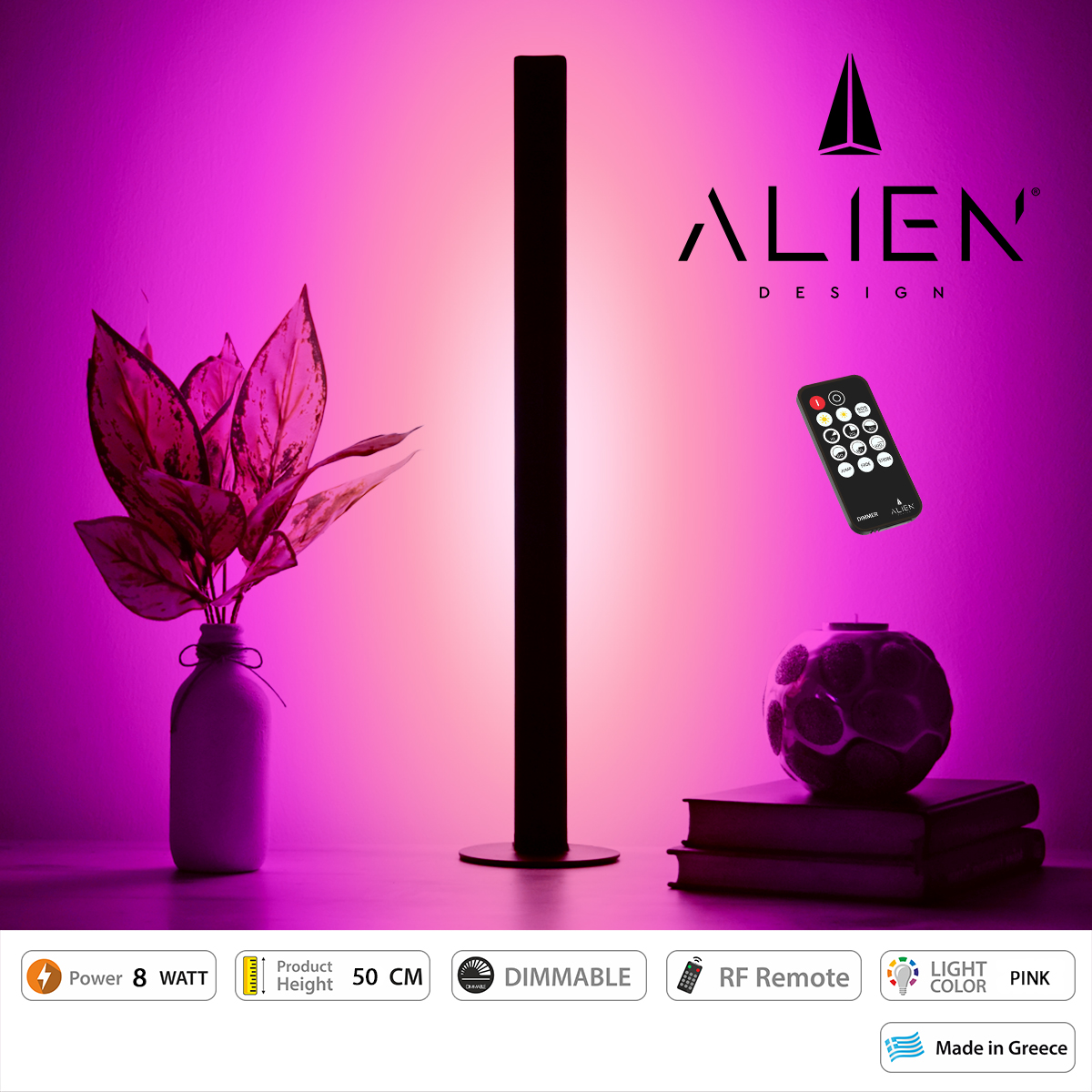 ALIEN-DIVA-BLACK-50-7 GloboStar®  ALIEN-DIVA-BLACK-50-7 ALIEN Design DIVA Μοντέρνο Minimal Nordic Μεταλλικό Φωτιστικό Επιτραπέζιο - Πορτατίφ - Λαμπατέρ Μαύρο LED 8W 800 lm με Ασύρματο Χειριστήριο RF & Dimmer IP20 Ροζ Μ3 x Π1.6 x Υ50cm