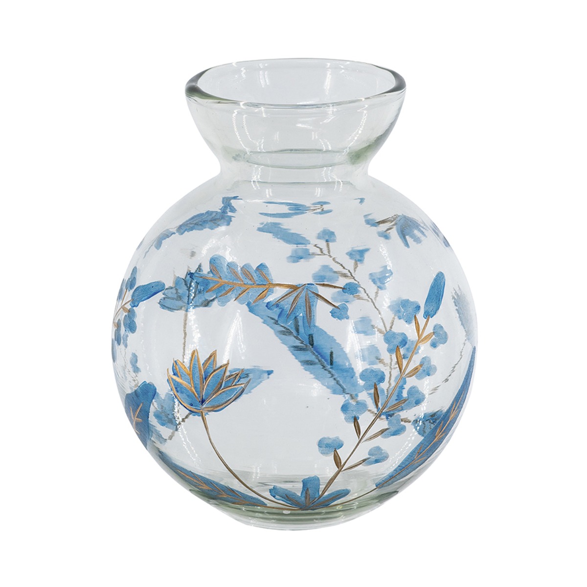 Artekko Aphelios Διάφανο Γυάλινο Βάζο Διακοσμημένο με Μπλε Λουλούδια (15x15x21.6)cm Artekko B8572-DS
