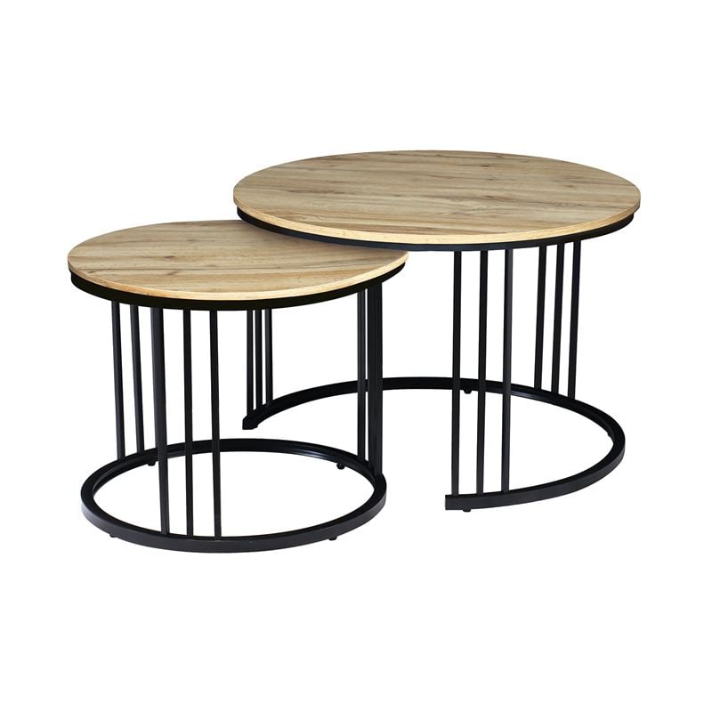 WOODWELL BOZZO Set-2 Τραπεζάκια Σαλονιού-Καθιστικού, Μέταλλο Μαύρο, Απόχρωση Sonoma Φ.50 H.41cm + Φ.70 H.46cm ΕΜ9601,S1