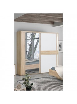 Epiplo World  Curtys ντουλάπα με 2 συρόμενες πόρτες & καθρέφτη 221x61x214εκ. Sonoma Oak / Λευκή γυαλιστερή λάκα BEST-1234477
