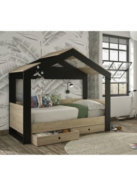 Epiplo World  Duplex παιδικό κρεβάτι καλύβα με συρτάρια 102x198εκ. ( για στρώμα 90x190εκ. ) Natural Chestnut / Black με ανατομικό πλαίσιο στήριξης στρώματος BEST-15345123