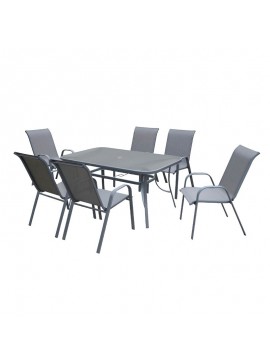 WOODWELL RIO Set Τραπεζαρία Μέταλλο Βαφή Ανθρακί, Textilene Γκρι : Τραπέζι+6 Πολυθρόνες Table:140x80x71 Chair:55x74x91 Ε250,7L