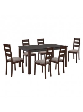 WOODWELL SIENNA Set (1+6) Τραπεζαρίας - Κουζίνας, Σκούρο Καρυδί, Melamine Greystone,Ύφασμα Μπεζ Table 150x90x74/Chair 45x52x97 Ε788,1S
