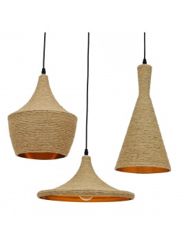 00875 GloboStar®  SHANGHAI ROPE 00875 Μοντέρνό Κρεμαστό Φωτιστικό Καμπάνα Σετ Τρίφωτο 3 x E27 IP20 Μπεζ Σχοινί με Χρυσό Μέταλλο - Μ81 x Π81 x Υ39cm