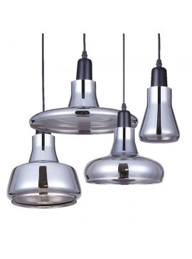 01011 GloboStar®  FEMINE 01011 Μοντέρνο Κρεμαστό Φωτιστικό Καμπάνα Σετ Πολύφωτο 4 x E27 IP20 Γκρι Γυαλί με Μαύρο Μέταλλο - Μ70 x Π70 x Y24.5cm