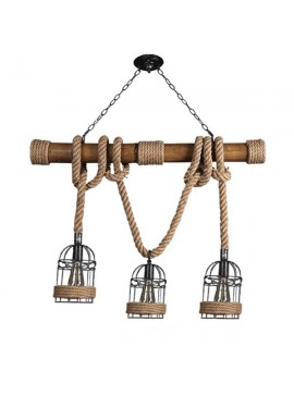 01149 GloboStar®  LILO 01149 Vintage Κρεμαστό Φωτιστικό Ράγα Τρίφωτο 3 x E27 IP20 Καφέ Ξύλο με Μπεζ Σχοινί Μ80 x Π15 x Υ100cm