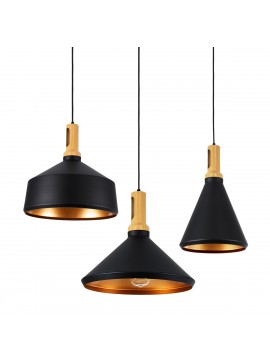 01334 GloboStar®  CALYPSO 01334 Μοντέρνο Κρεμαστό Φωτιστικό Καμπάνα Σετ Τρίφωτο 3 x E27 Μαύρο & Χρυσό Μέταλλο με Μπεζ Ξύλο - Μ110 x Π110 x Υ35cm