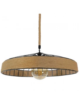 01416 GloboStar®  SAHARA 01416 Moντέρνο Κρεμαστό Φωτιστικό Καπέλο Μονόφωτο 1 x E27 IP20 Μαύρο Μέταλλο με Μπεζ Σχοινί - Μ80 x Π80 x Y25cm
