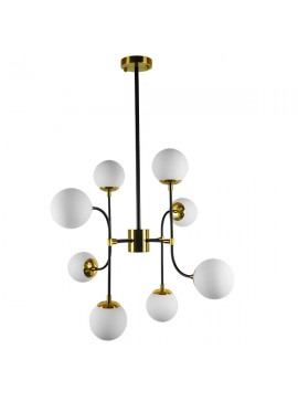 01649 GloboStar®  STARDUST 01649 Vintage Φωτιστικό Οροφής Πλέγμα Πολύφωτο 8 x E27 IP20 Μαύρο & Χρυσό Μέταλλο με Λευκό Γυαλί - Μ75 x Π75 x Υ100cm