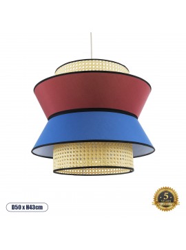 01919 GloboStar®  SAIGE 01919 Boho Κρεμαστό Φωτιστικό Πλέγμα Μονόφωτο 1 x E27 IP20 Μπεζ Ξύλο με Κόκκινο & Μπλε Ύφασμα - Μ50 x Π50 x Υ43cm