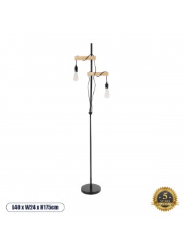 02034 GloboStar®  MINDELO 02034 Μοντέρνο Επιδαπέδιο Φωτιστικό Μονόφωτο 2 x E27 IP20 Μαύρο Μέταλλο με Μπεζ Ξύλο - Μ40 x Π24 x Υ175cm
