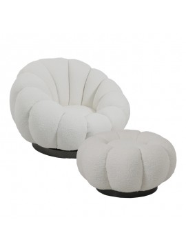 Πολυθρόνα περιστρεφόμενη με σκαμπό Nester pakoworld μπουκλέ ύφασμα σε λευκή απόχρωση 98x97x69εκ