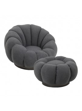 Πολυθρόνα περιστρεφόμενη με σκαμπό Nester pakoworld μπουκλέ ύφασμα σε γκρι απόχρωση 98x97x69εκ