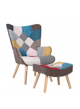 Πολυθρόνα Μπερζέρα Με Υποπόδιο ArteLibre BRIAR Patchwork Ύφασμα/Ξύλο 73x69x96cm Arte-14770007