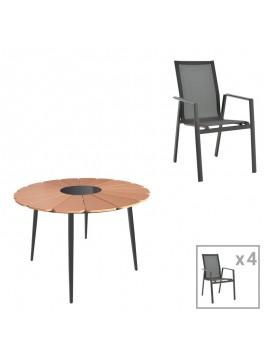 Τραπεζαρία Pinap-Dashiell σετ 5τεμ pakoworld μαύρο αλουμίνιο και plywood σε φυσική απόχρωση Φ110x74εκ