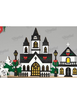 Σετ των 2 Intra απο ξύλο plywood 3mm-4mm πάχος Τρισδιάστατη χριστουγεννιάτικη εκκλησία κοπής με λέιζερ Δίασταση 15x15 cm INTRAFABR-109486491