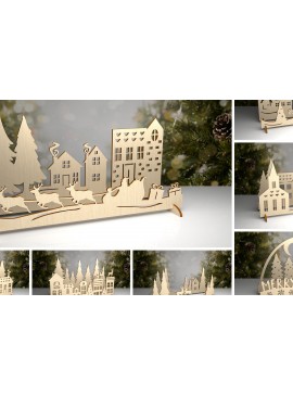 Σετ των 2 Intra απο ξύλο plywood 3mm-4mm πάχος Τρισδιάστατη δέσμη χριστουγεννιάτικων χωριών με λέιζερ Δίασταση 15x15 cm INTRAFABR-80774241