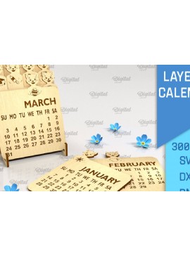 Σετ των 2 Intra απο ξύλο plywood 3mm-4mm πάχος 3D Layered Calendar Cut . Γάτα Δίασταση 30x20 cm INTRAFABR-88821946