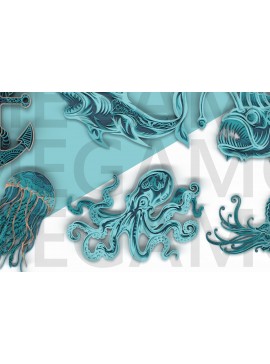 Σετ των 2 Intra απο ξύλο plywood 3mm-4mm πάχος 3D Ocean Animal Cut Δίασταση 40x40 cm INTRAFABR-122357526