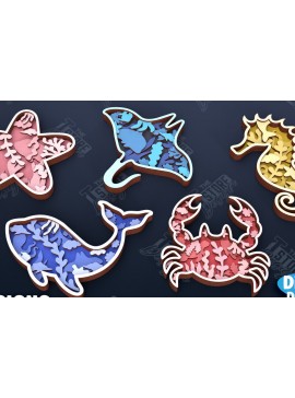 Σετ των 2 Intra απο ξύλο plywood 3mm-4mm πάχος Δέσμη κοπής με λέιζερ με 3D Sea Layered Animals Δίασταση 15x15 cm INTRAFABR-101770307