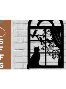 Σετ των 2 Intra απο ξύλο plywood 3mm-4mm πάχος Τυπωμένη διακόσμηση τοίχου Μαύρη γάτα σε παράθυρο Δίασταση 40x40 cm INTRAFABR-112923791